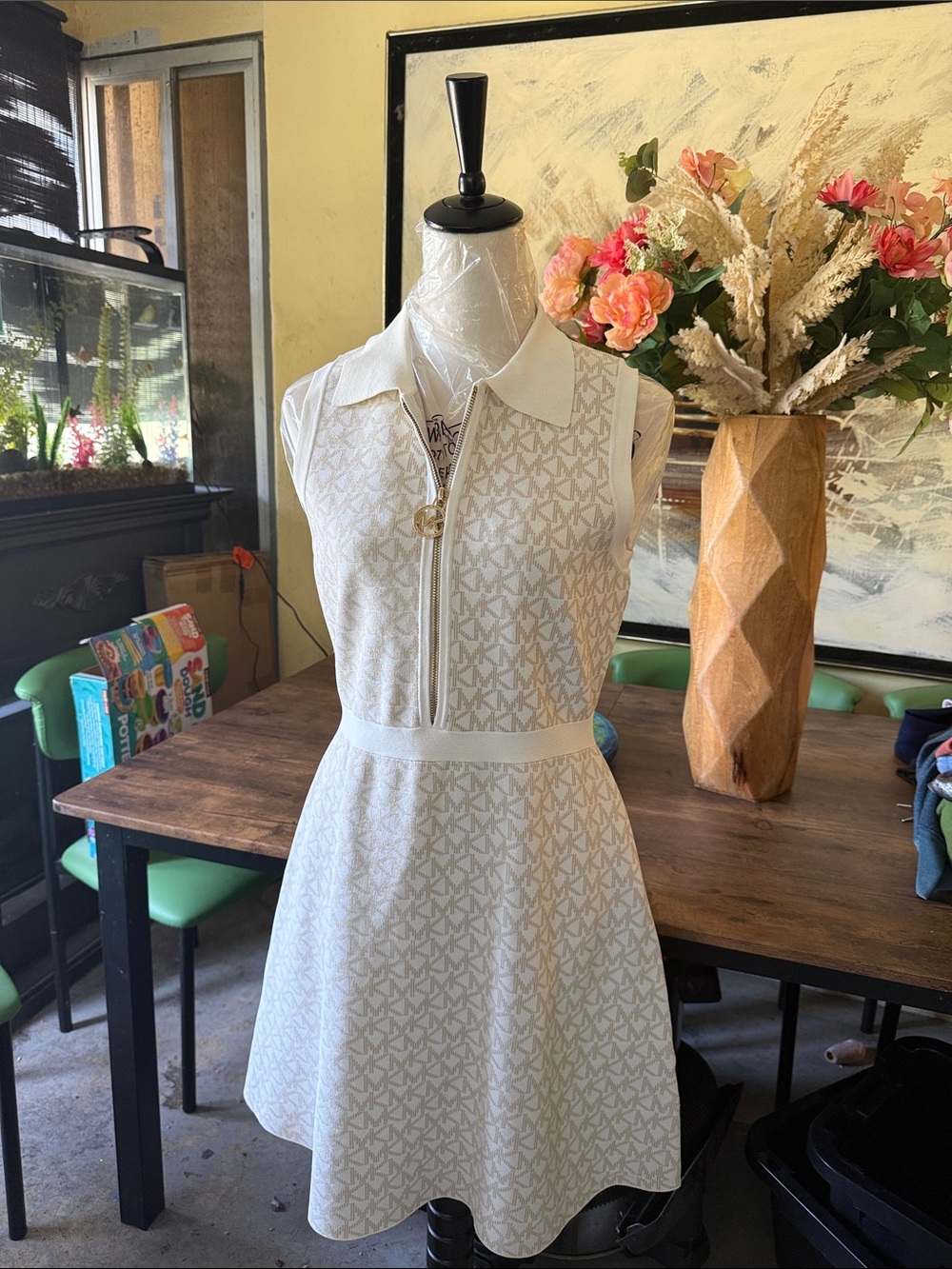 Michael Kors Cream-and-White Sleeveless Zip-Front A-Line Mini Dress